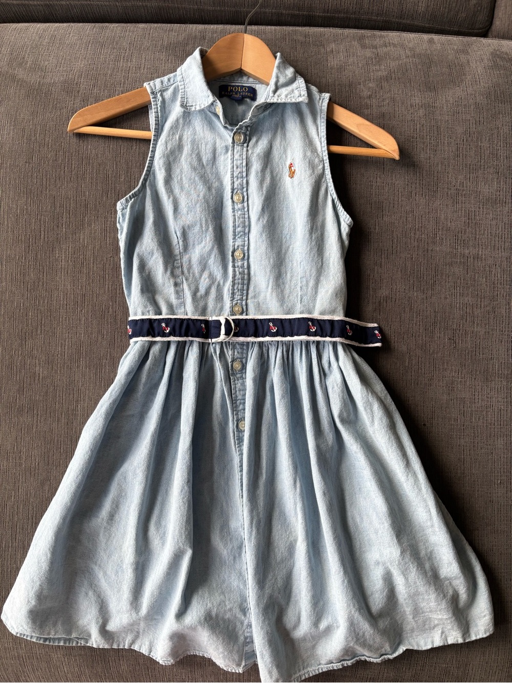 Polo Ralph Lauren Girls Sleeveless Cotton Chambray Shirtdress Anchor Belt, 12